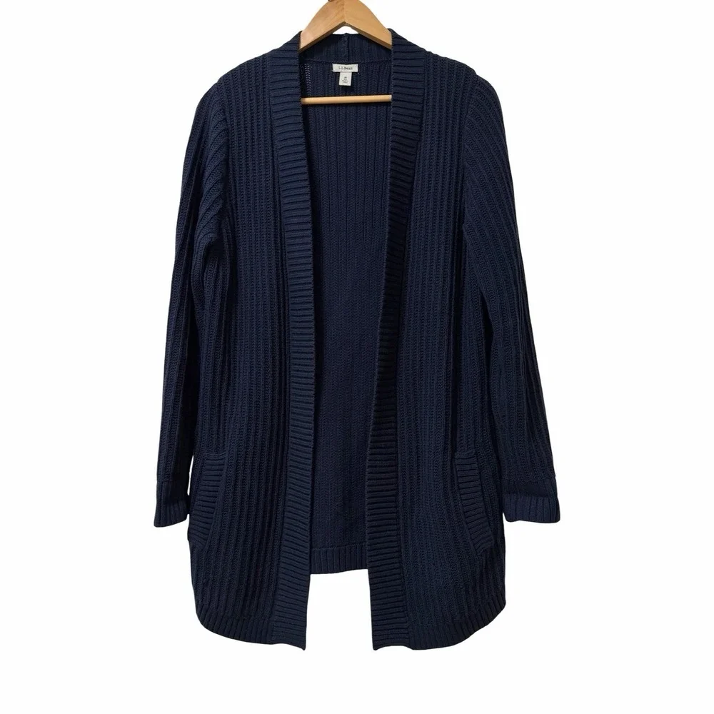 LL Bean Women Shaker Stitch Open Long Cardigan Size M Navy Chunky Knit Cabincore